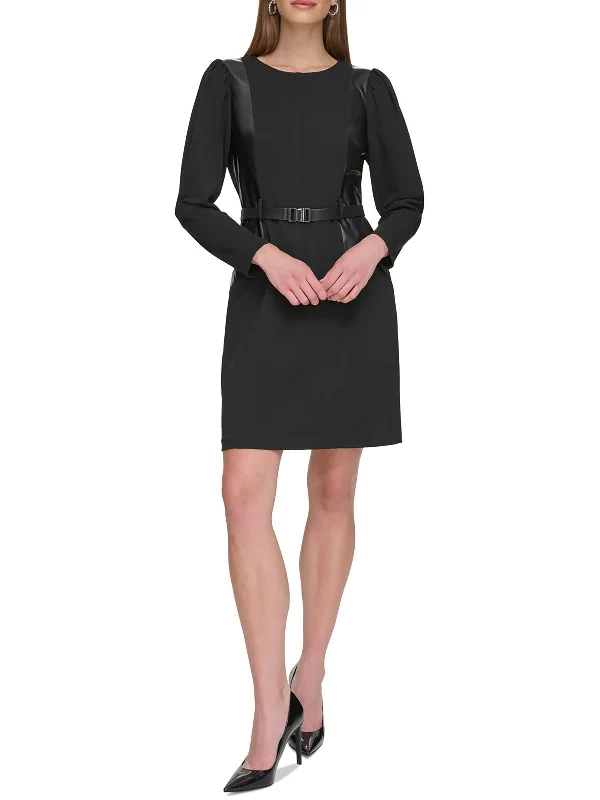 Women's Relaxed Outfit Womens Faux Leather Trim Above Knee Sheath Dress