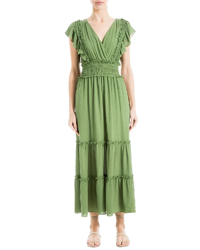 Laid-Back Elegance Max Studio Crepe Flutter Sleeve V-Neck Smocked Maxi Tiered Dress