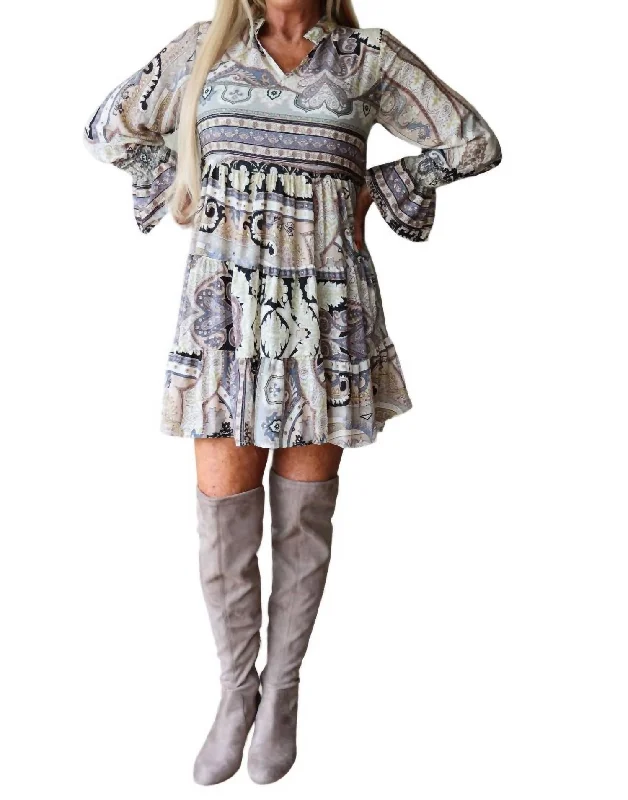 Affordable Women's Clothes Boho Short Baby Doll Paisley Dress In Grey