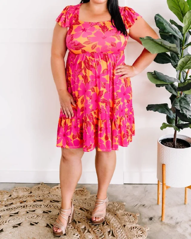 Women Apparel Square Neck Tiered Dress With Pockets In Tropical Sunset