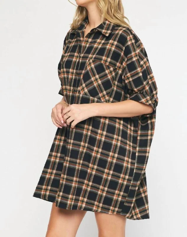 Stylish Women's Apparel Oversized Flannel Dress In Black And Brown