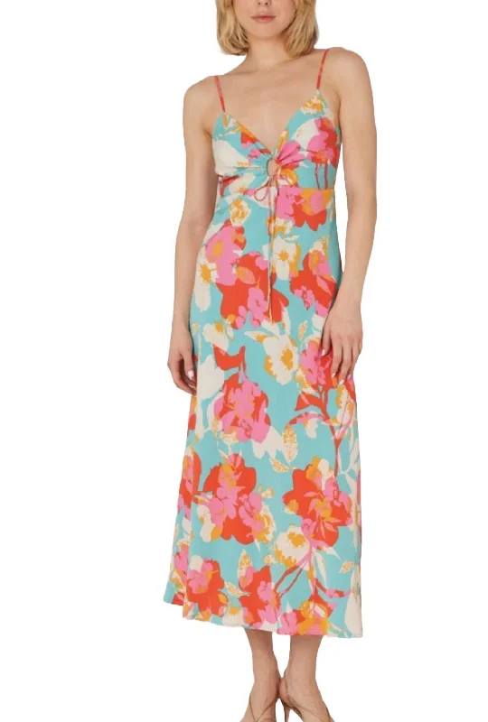 VIP Member Discount Tropical Print Dress In Aqua Multi