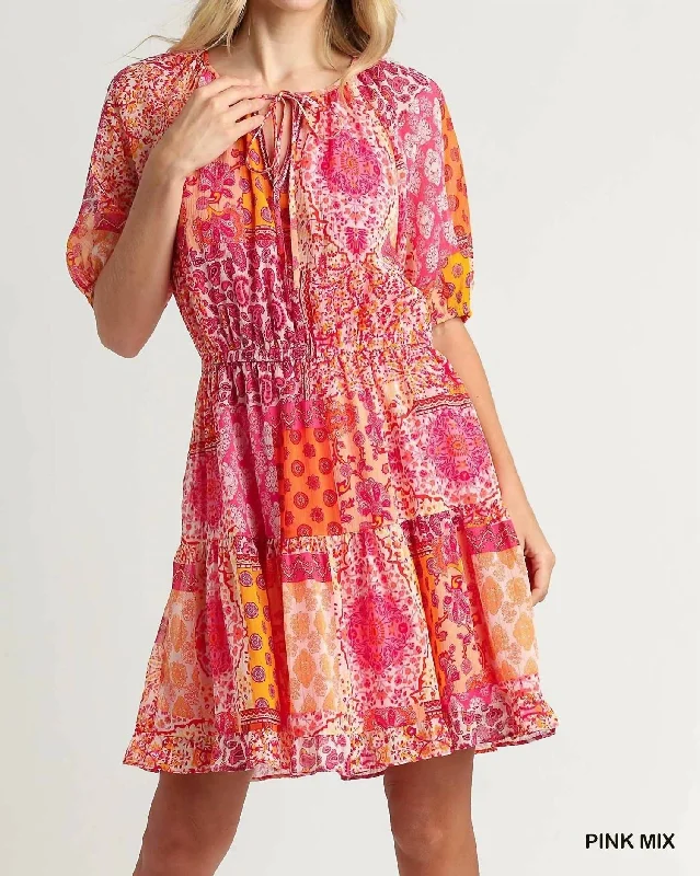 Casual Chic Clothing Metallic Print Short Puff Sleeve Dress In Pink Mix