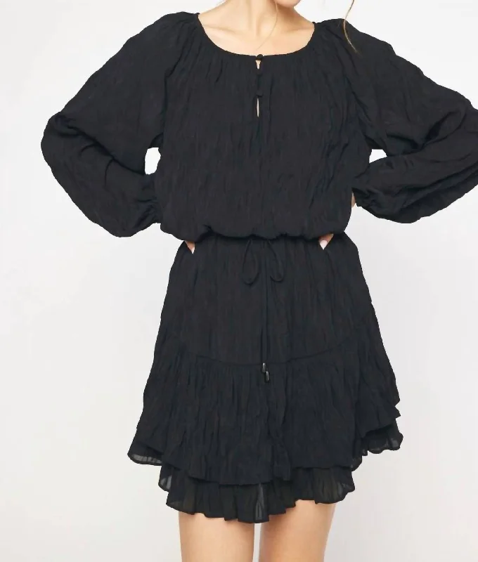 Casual Women's Clothing Textured Tie Waist Dress In Black