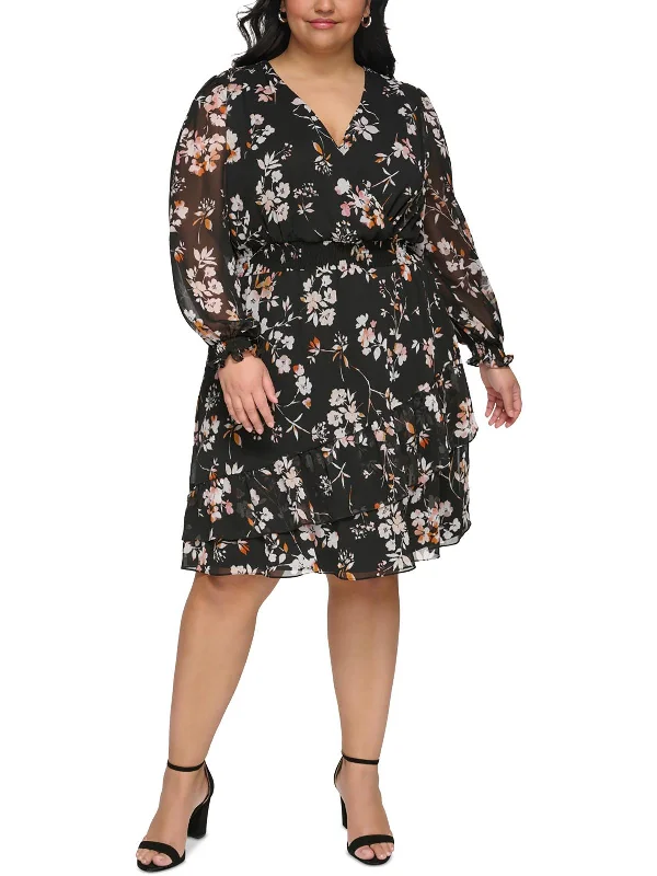 Holiday Gift Guide Sale Plus Womens Knee Length Smocked Fit & Flare Dress