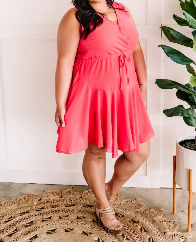 Women's Fashion Clothes Surplice Flare Dress In Sweet Coral