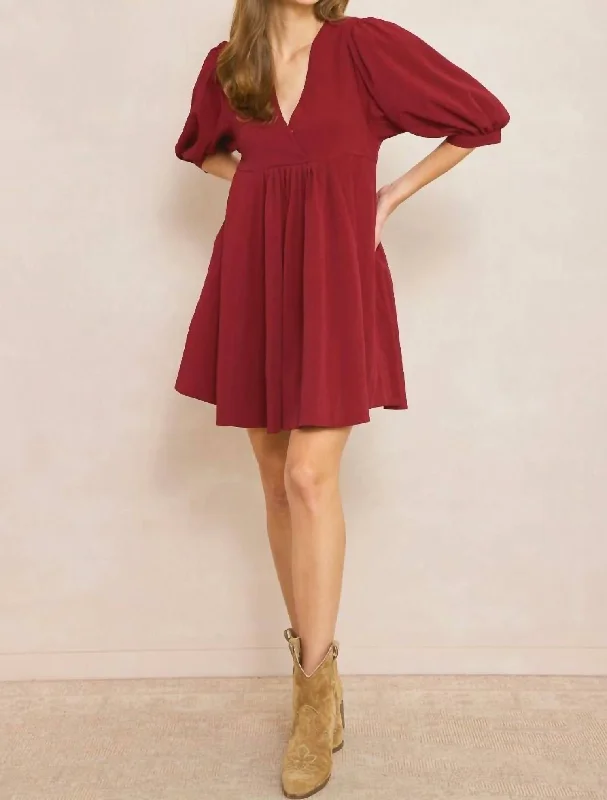 Relaxed Fit Women's Fashion V Neck Baby Doll Dress In Wine