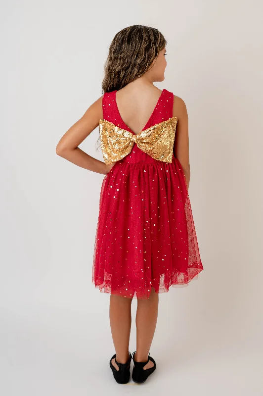 Casual Chic Clothing For Women RED GOLD BOW HOLIDAY DRESS