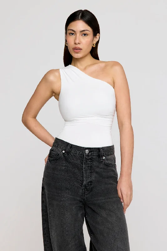 The Best Yoga Clothing At The Best Prices 365 ASYMMETRIC RUCHED SIDE BODYSUIT - COCONUT MILK