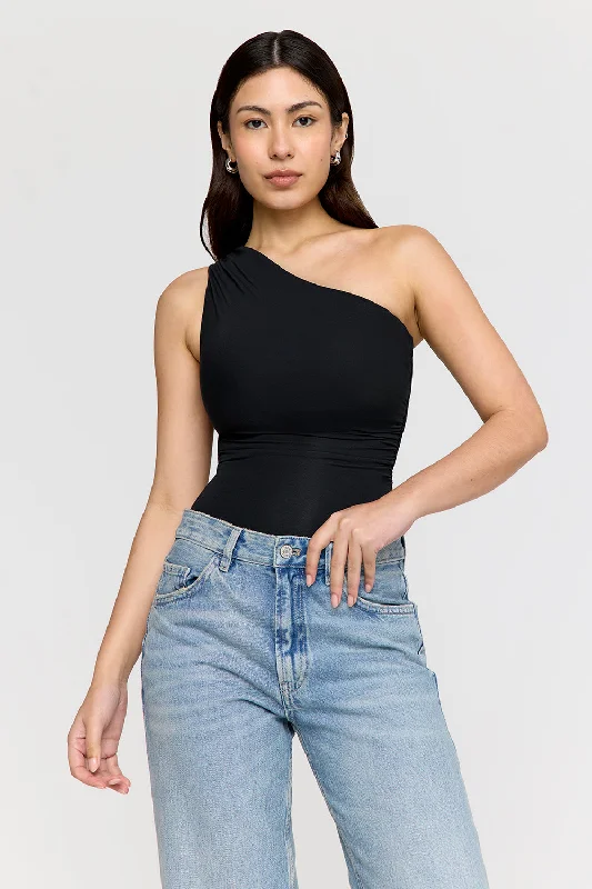 Elevate Your Practice With Affordable Yoga Wear 365 ASYMMETRIC RUCHED SIDE BODYSUIT - SHADOW BLACK