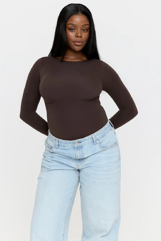 Sweat In Style With Yoga Clothing Discounts 365 CONTOUR LONG SLEEVE SHAPING BODYSUIT - ESPRESSO