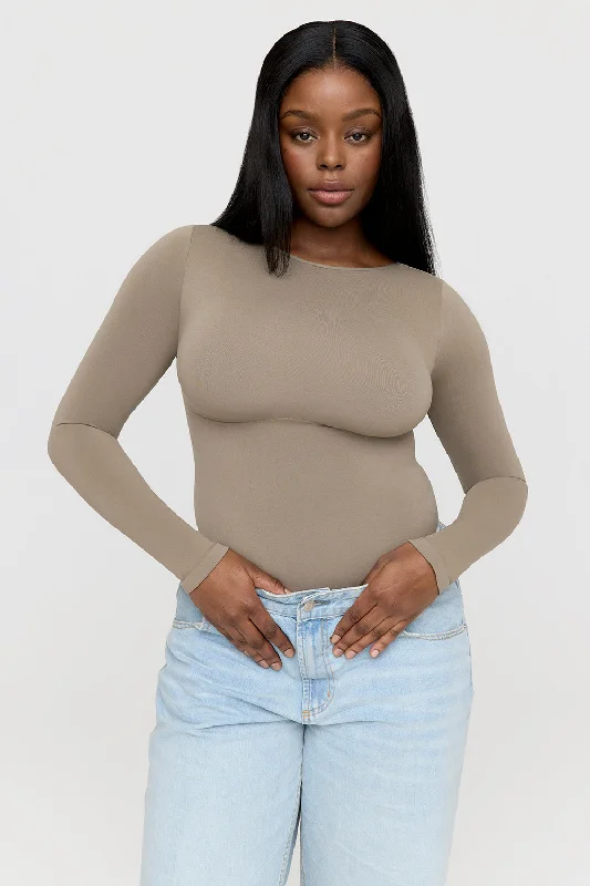 Affordable Yoga Fashion For Every Pose 365 CONTOUR LONG SLEEVE SHAPING BODYSUIT - STONE KHAKI