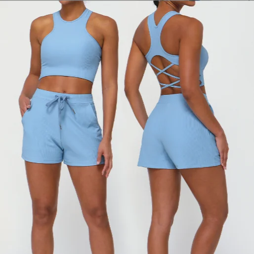 Your Yoga Wardrobe, Upgraded For Less Ribbed casual sports set women's shock-proof bra drawstring shorts pocket yoga fitness two-piece set