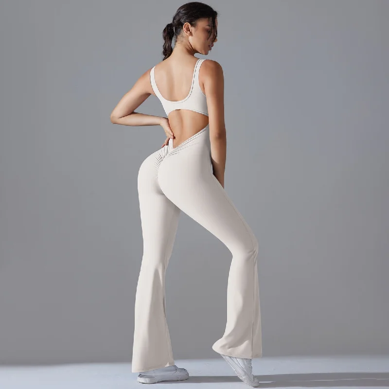 Find Balance In Stylish And Affordable Yoga Wear Solid color back lift hip long slim-fit wide leg jumpsuit