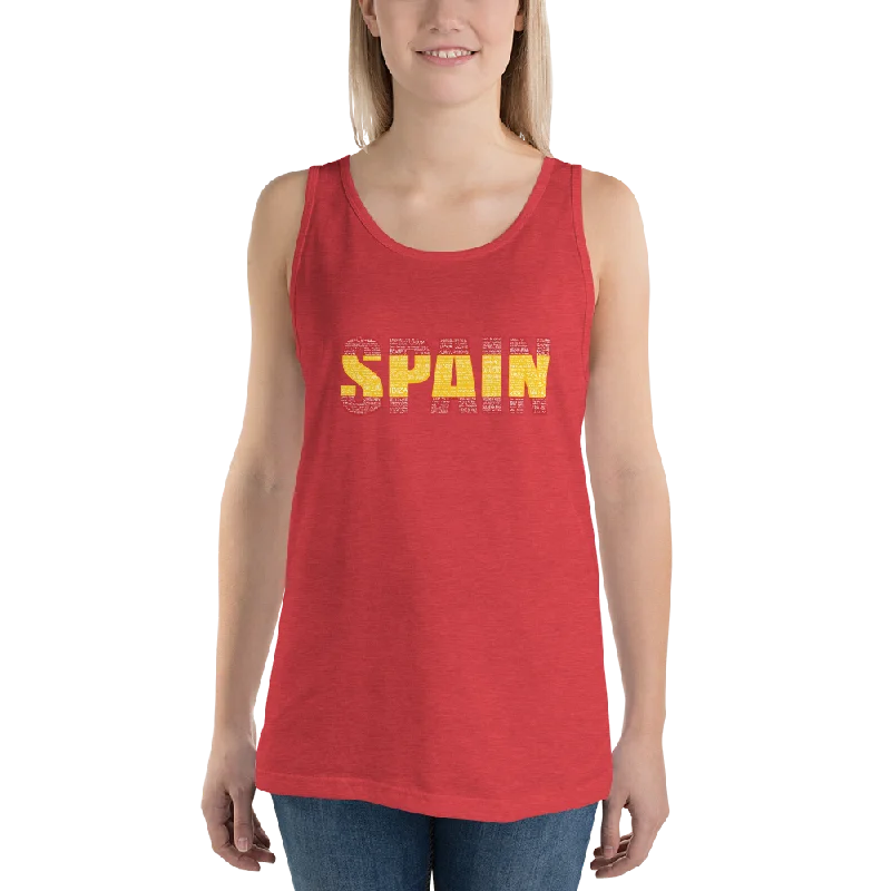 Premium Yoga Wear At Special Discounts Spain" (Red and Yellow, White Letters) Unisex Tank Top