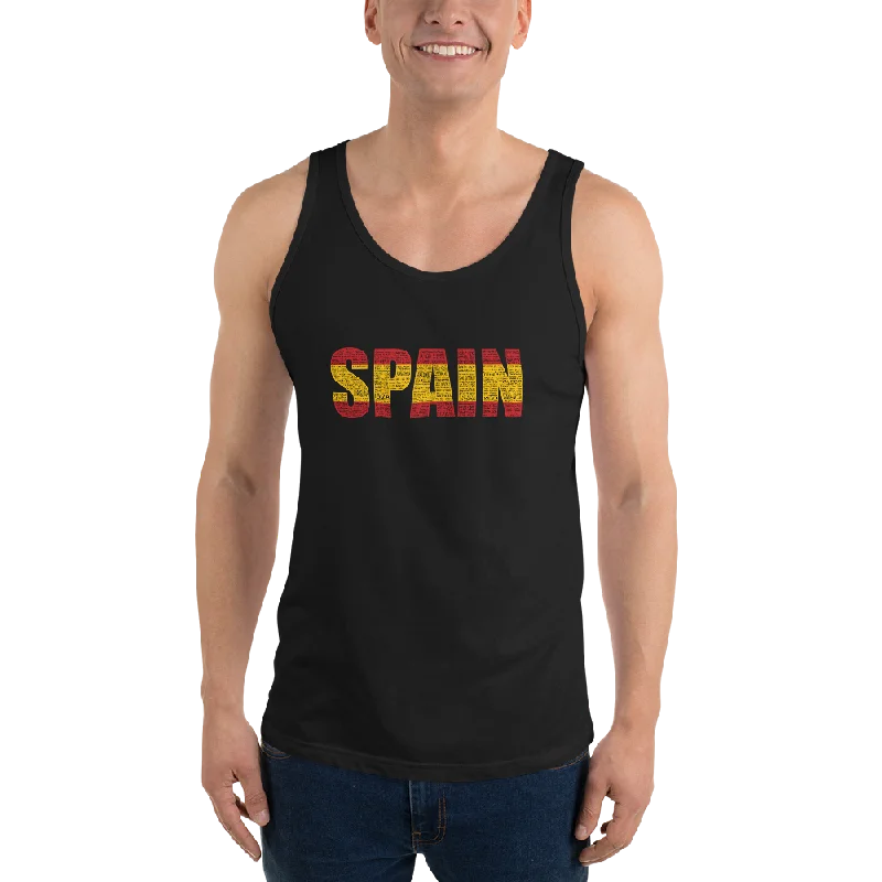 Look And Feel Your Best With Discounted Yoga Clothing Spain" (Red and Yellow, Black Letters) Unisex Tank Top