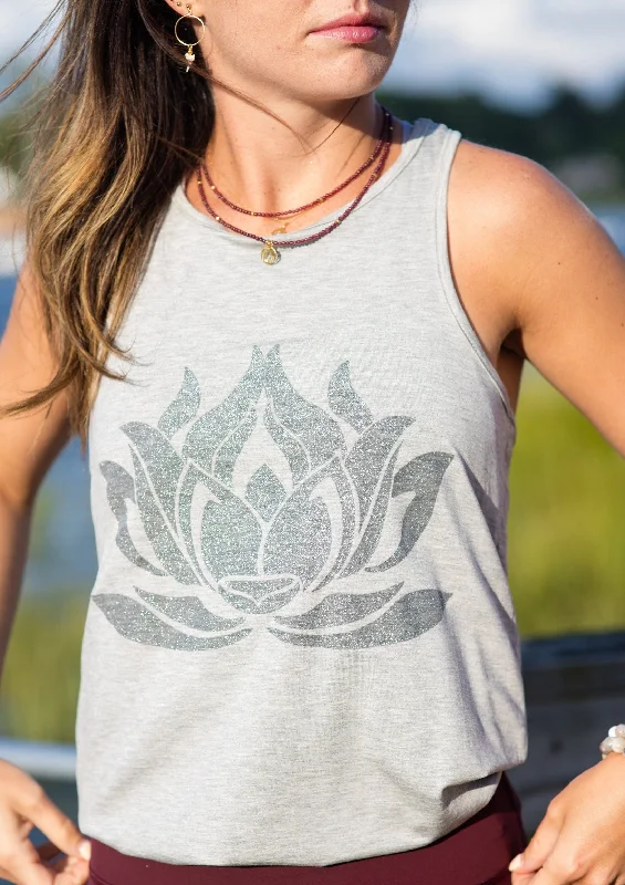 Namaste And Save On Yoga Apparel Sparkle LOTUS Heather Grey Racerback Tank