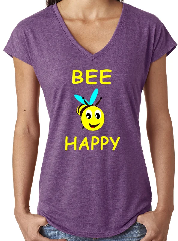 Breathe Easy In Comfortable Yoga Outfits Ladie's Bee Happy V-Neck T-Shirt
