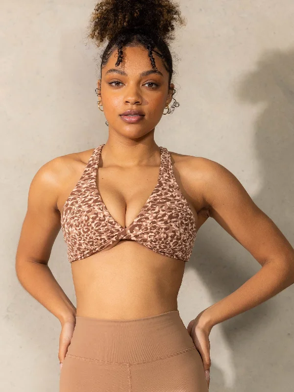 Breathe Easy In Comfortable Yoga Outfits Momentum Twist Sports Bra - Mocha Leopard