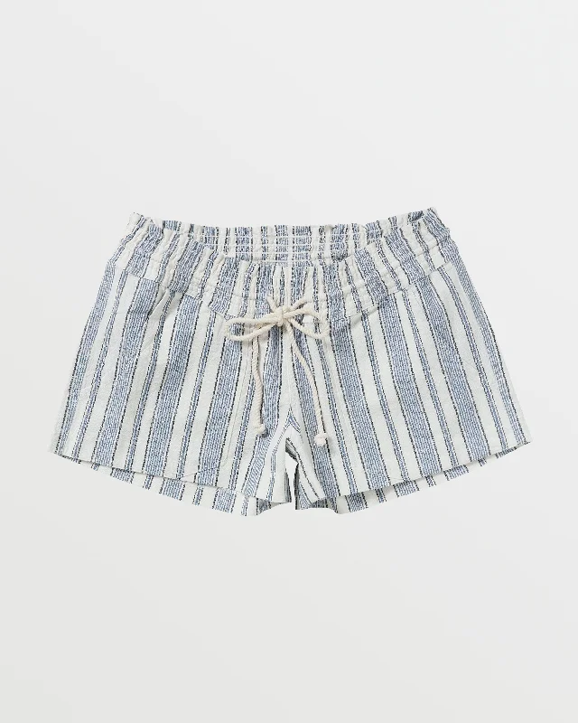 Limited-Time Sale On Stylish Yoga Apparel Oceanside Elastic Waist Shorts - Mood Indigo Beachside Stripe