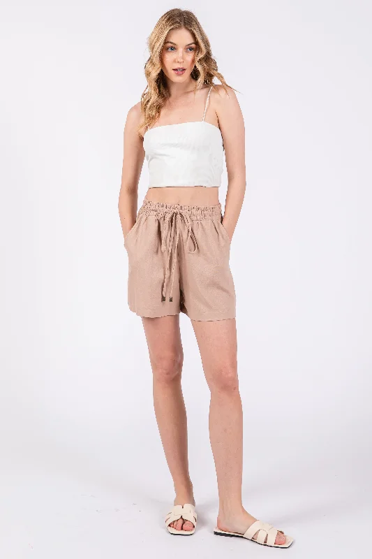 Find Balance In Stylish And Affordable Yoga Wear Taupe Linen Drawstring Shorts
